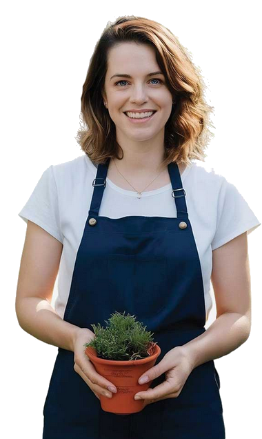Female staff member holding a pot plant